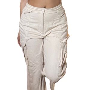 TAN/BEIGE UTILITY CARGO WIDE LEG HIGH WAISTED PANTS!